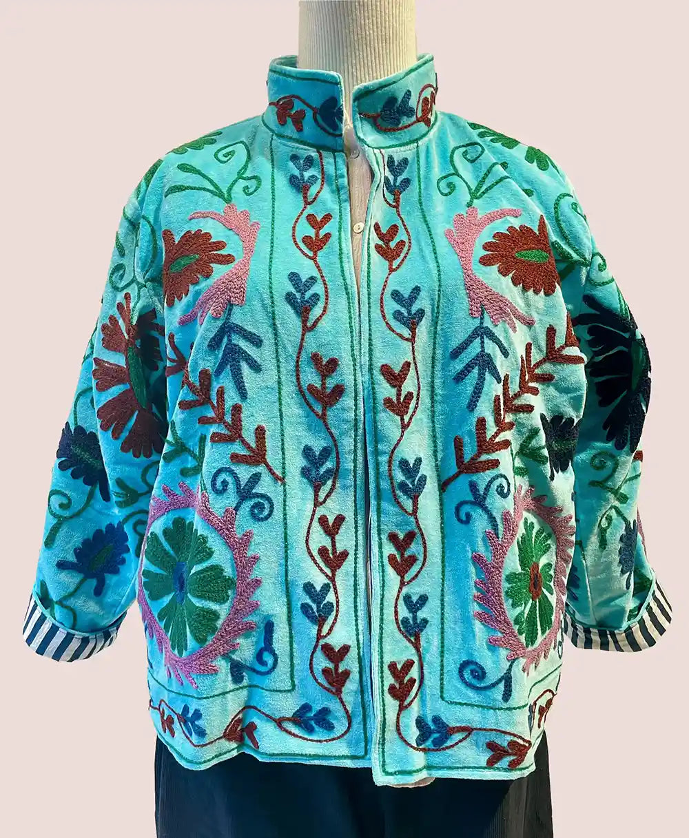 Giacca Donna corta in stile Suzani in velluto ricamato a mano