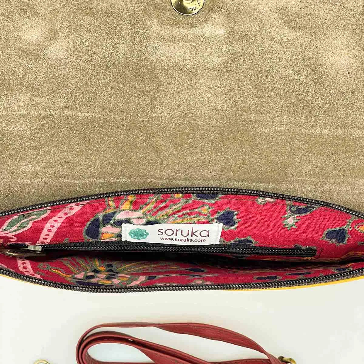Borsa Soruka Pochette pelle Gialla frontale, Pattina Animalier in Cavallino Leopardato