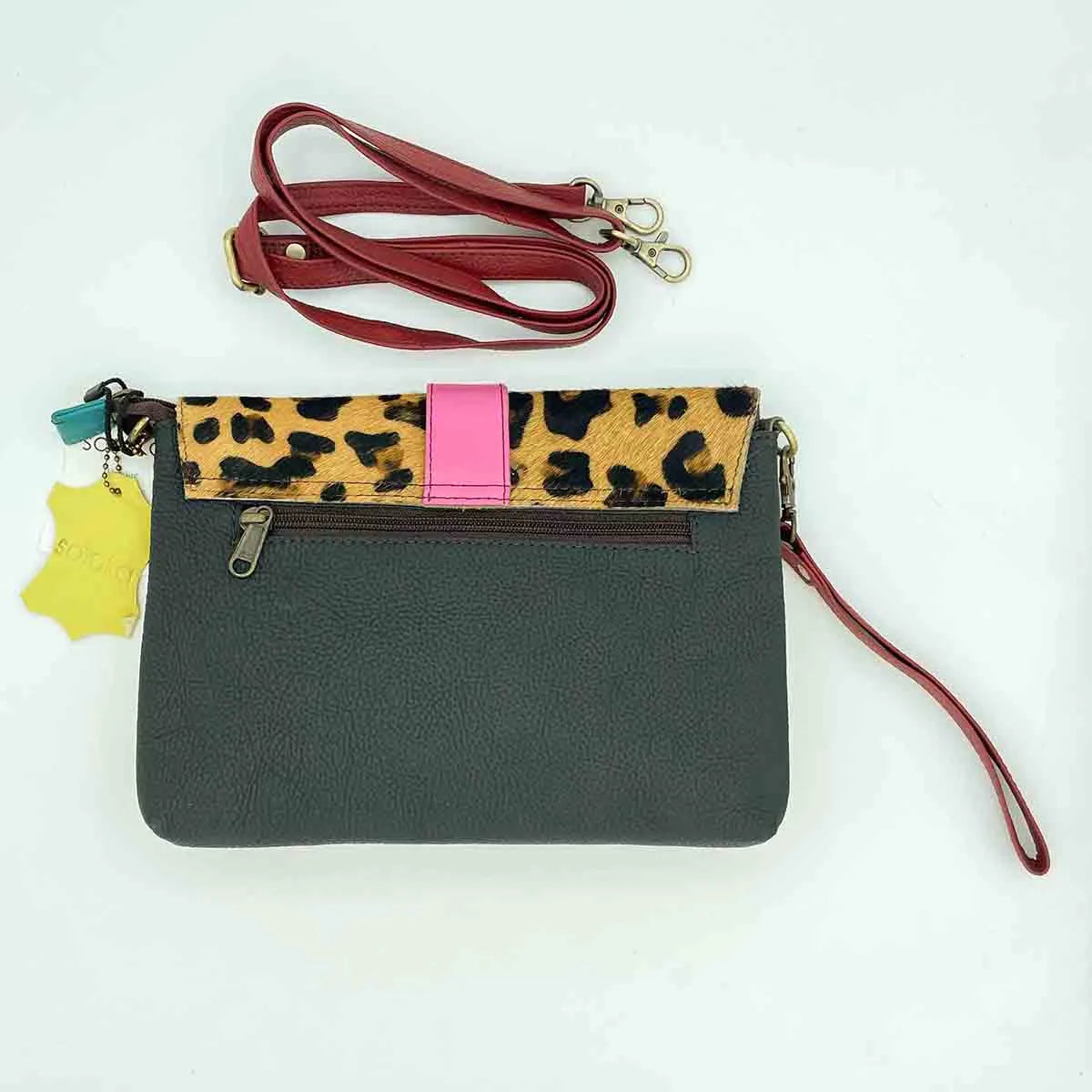 Borsa Soruka Pochette pelle Gialla frontale, Pattina Animalier in Cavallino Leopardato