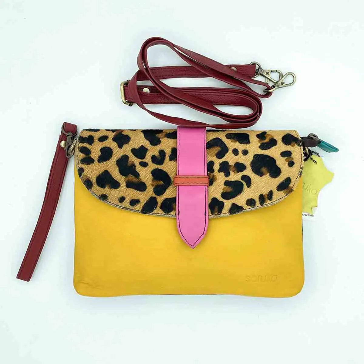 Borsa Soruka Pochette pelle Gialla frontale, Pattina Animalier in Cavallino Leopardato