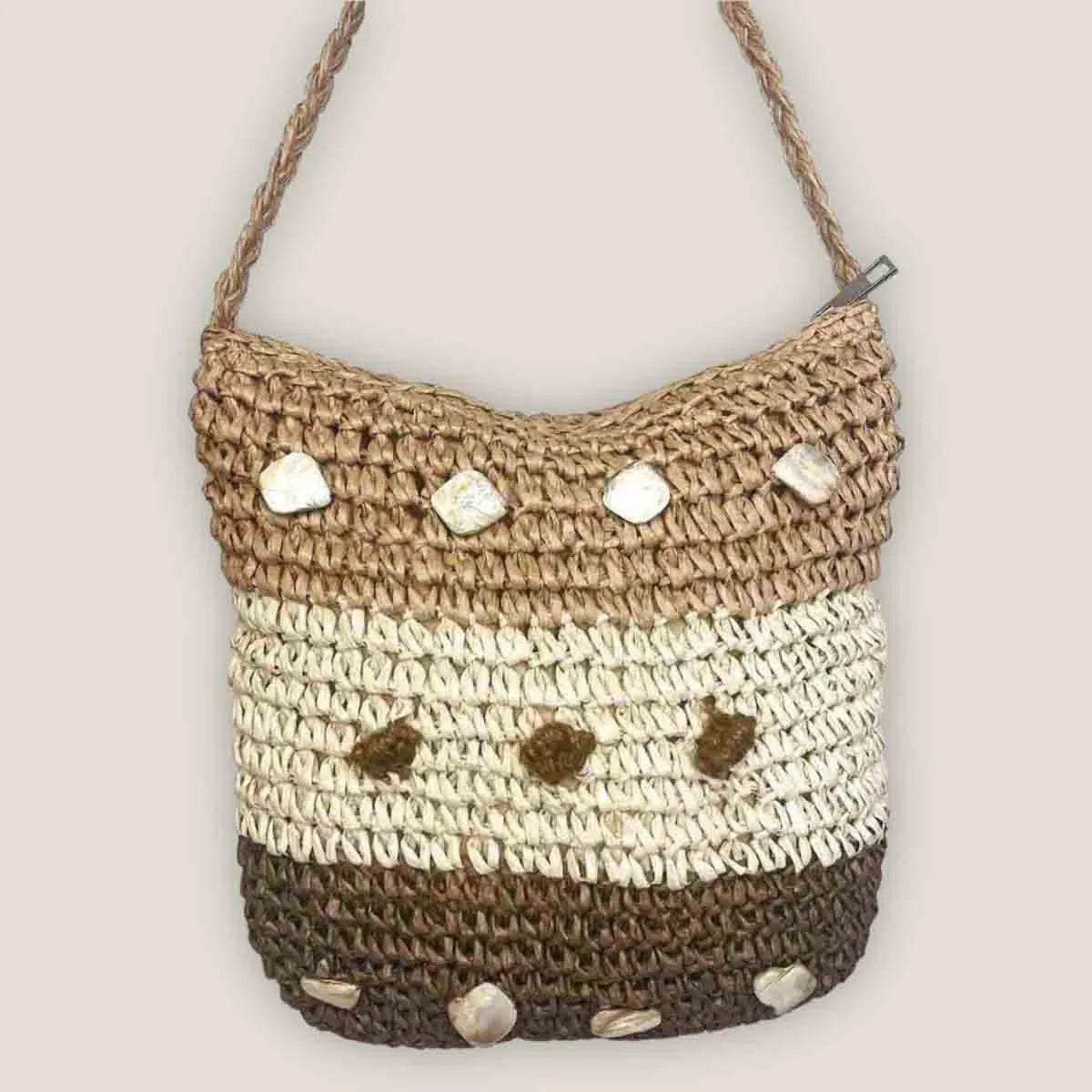 Borsa a uncinetto | Rafia Naturale con Pietre di Madreperla e tracolla