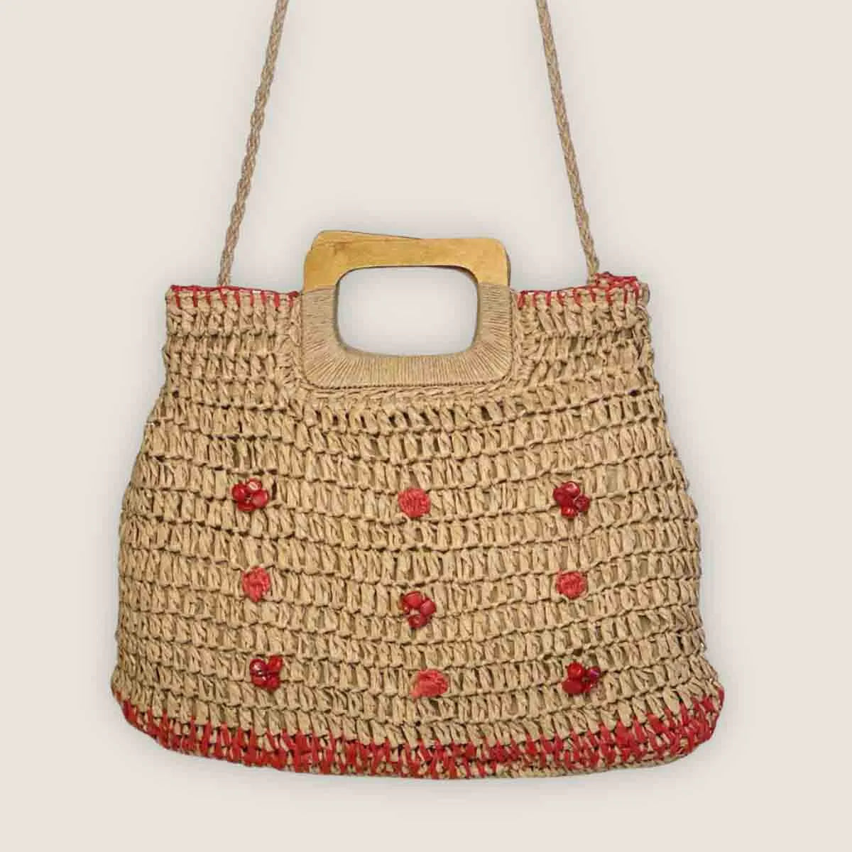 Borsa in Rafia | Rettangolare con Manico in legno da indossare a Mano o con tracolla