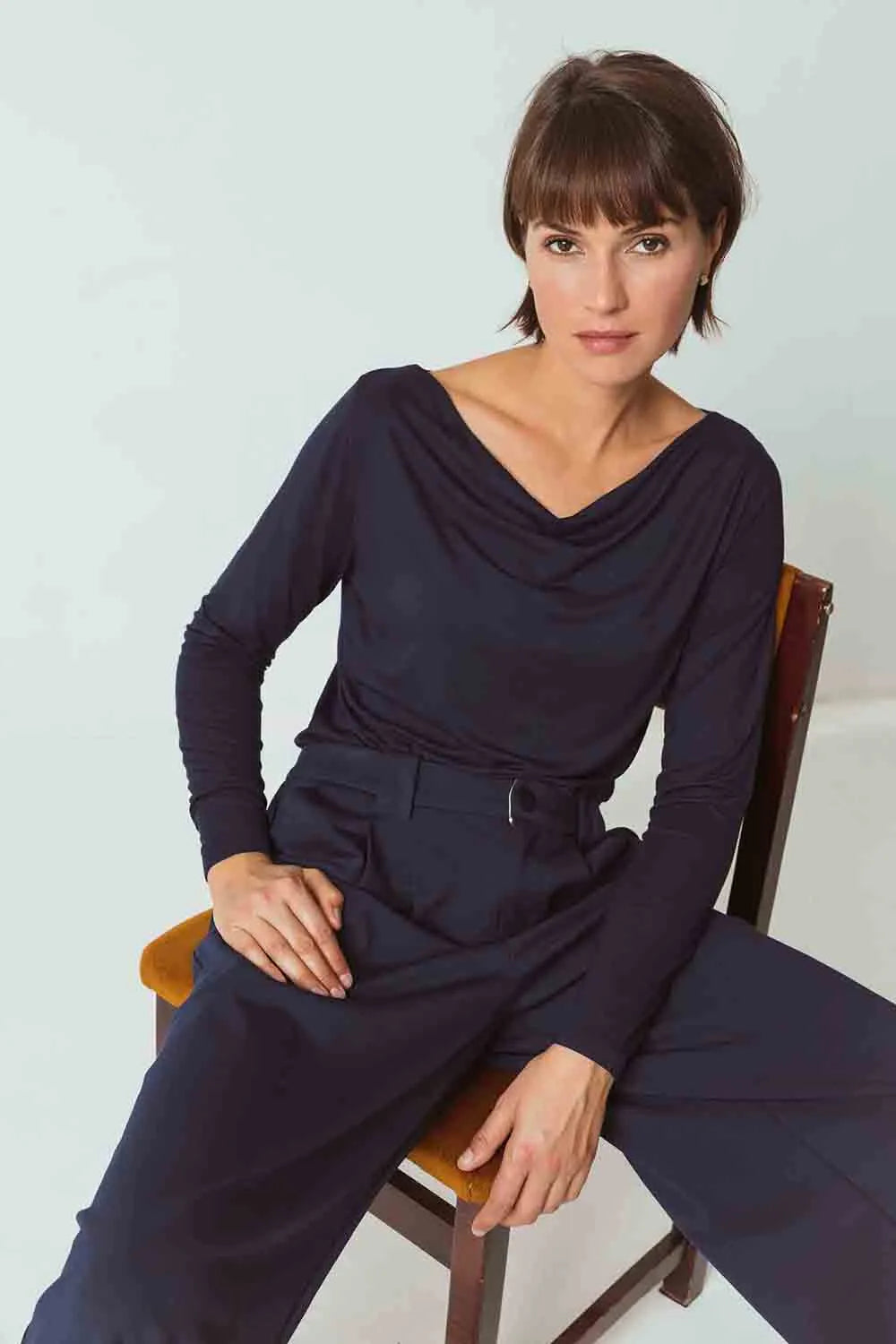 SKFK T-shirt donna bio a manica lunga con collo drappeggiato in TENCEL