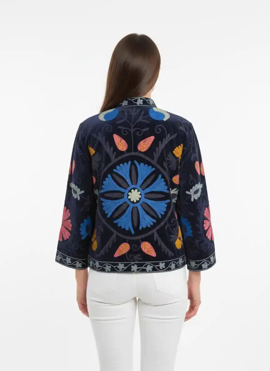 Giacca in velluto ricamato blu notte