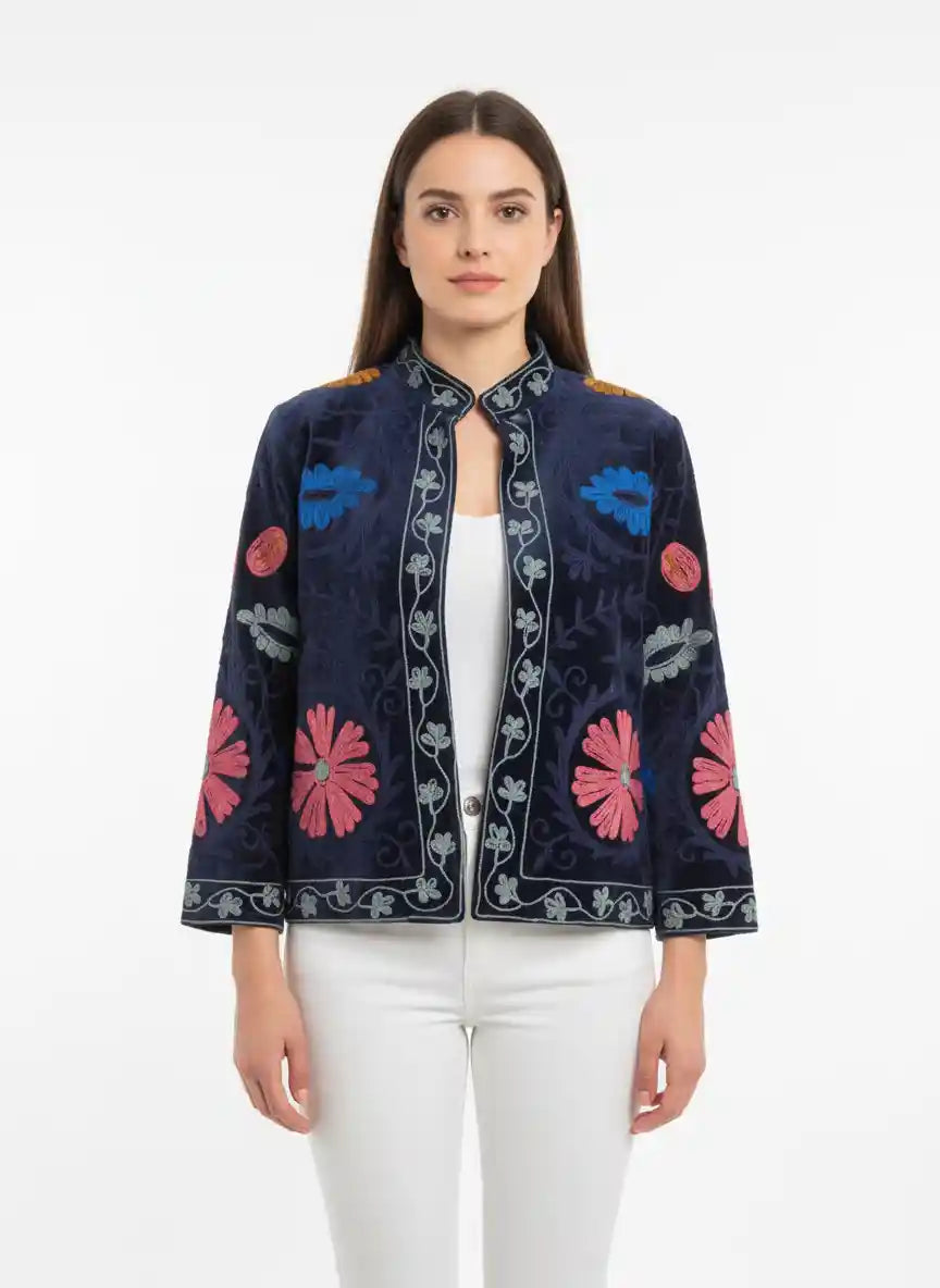 Giacca in velluto ricamato blu notte