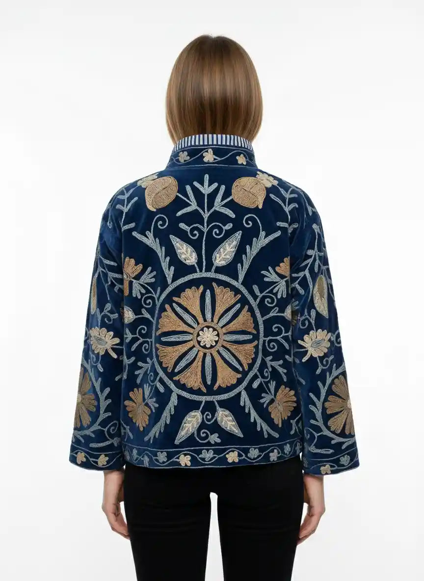 Giacca in Velluto Blu con disegno floreale