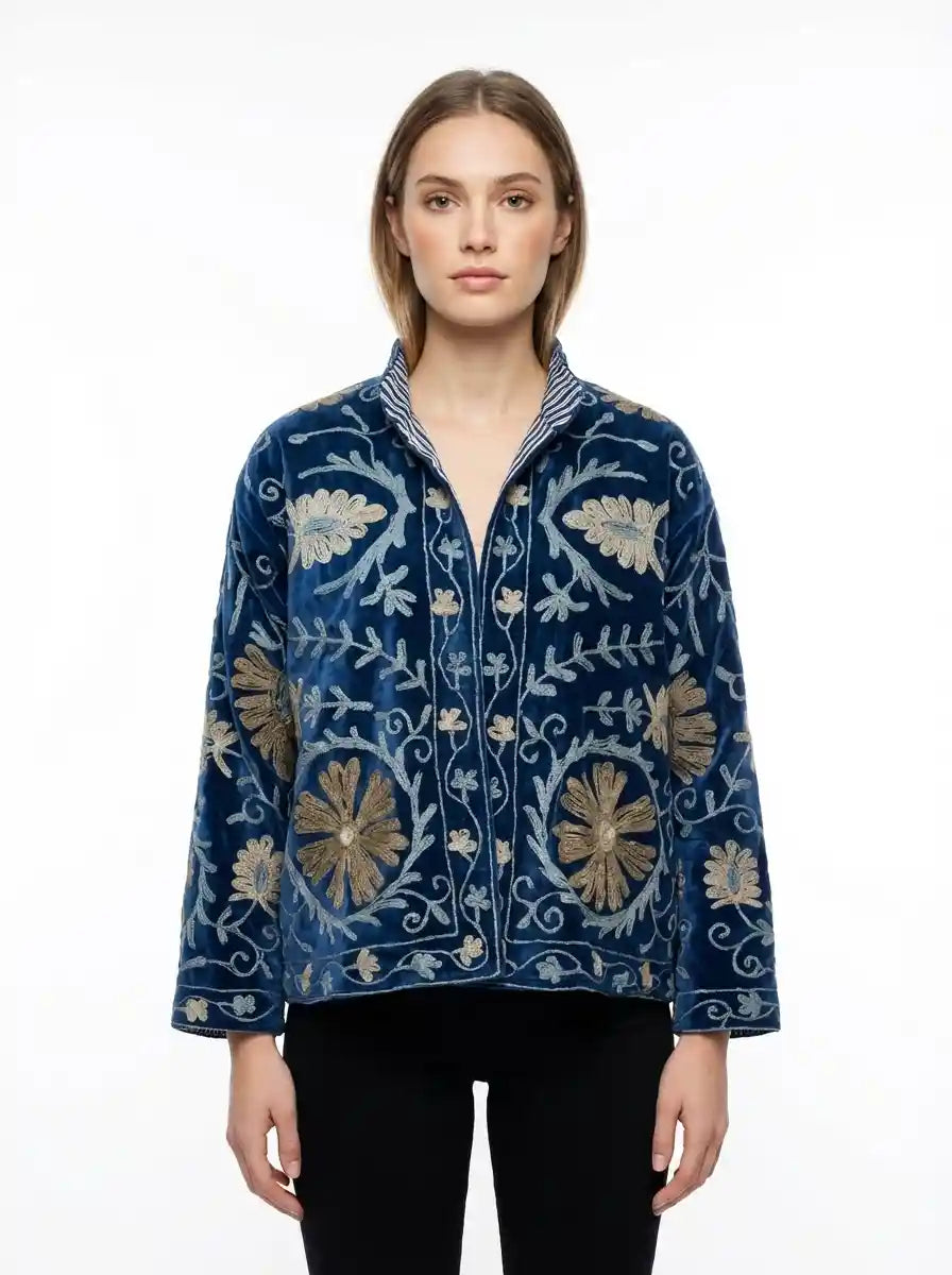 Giacca in Velluto Blu con disegno floreale