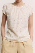 Blusa femminile cotone bio GOTS ricamo effetto pizzo scollo arricciato
