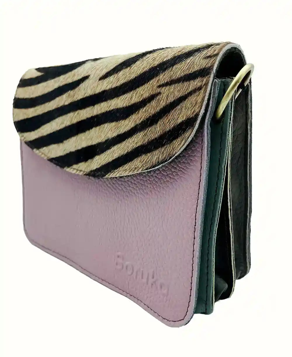Borsa piccola Zebrata Glicine in pelle liscia con tracolla