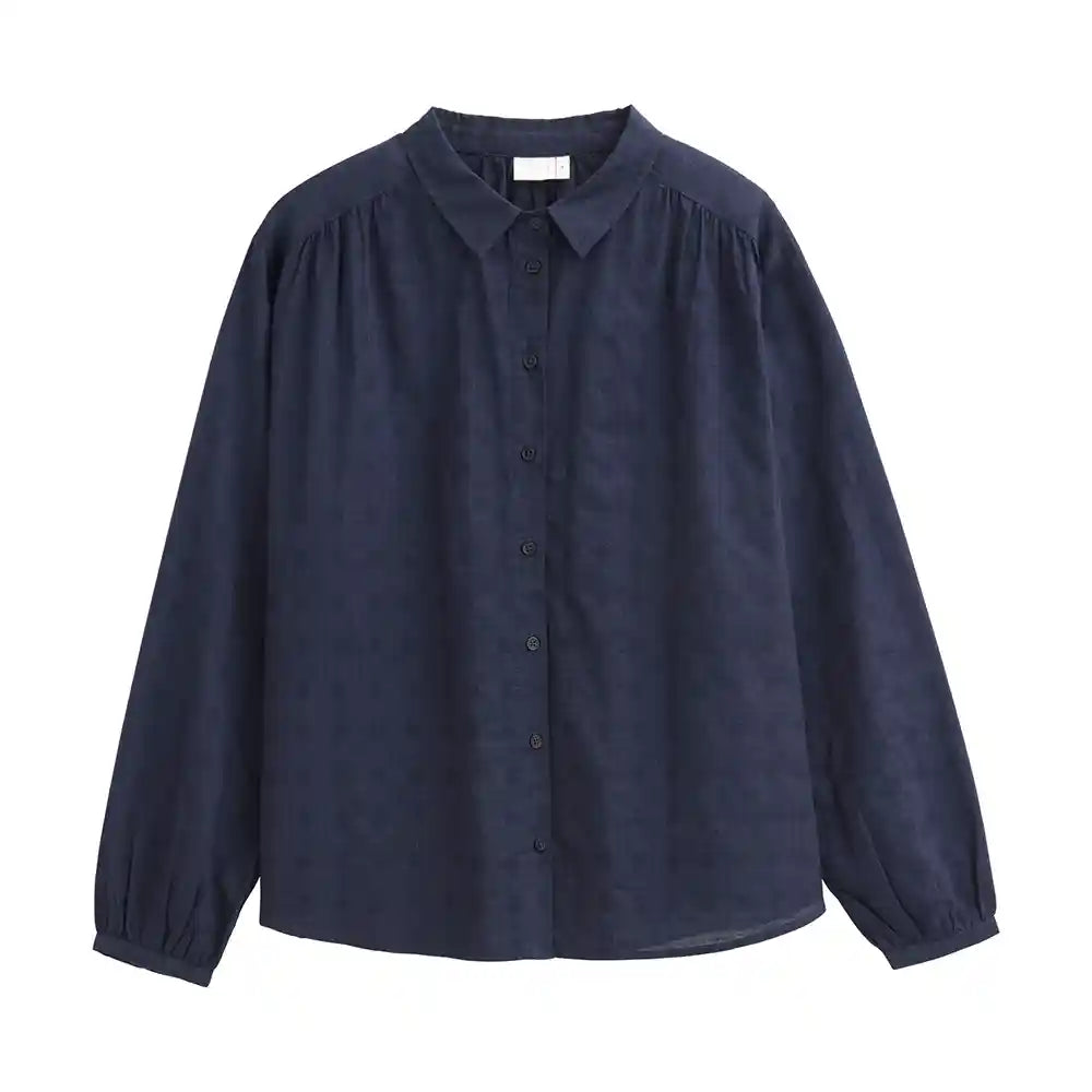 Fronte camicia blu navy cotone biologico GOTS