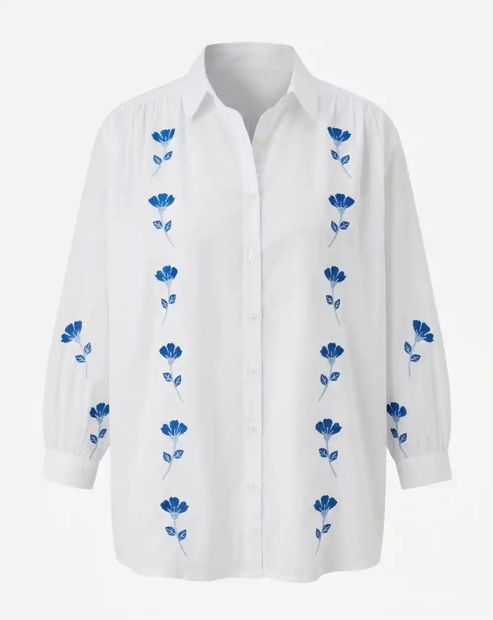 Camicia cotone bianca ricami floreali blu