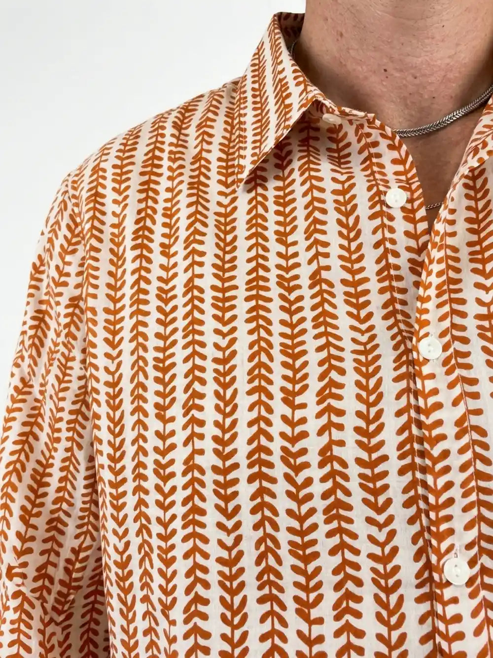 Camicia cotone block print foglioline terracotta