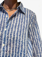 Camicia cotone block print foglioline blu