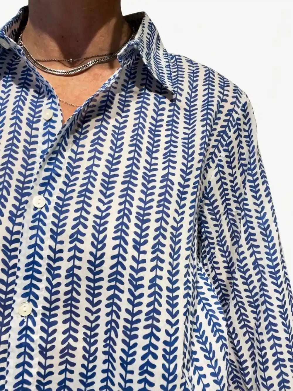 Camicia cotone block print foglioline blu
