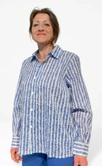 Camicia donna cotone leggero stampa block print foglioline blu cobalto