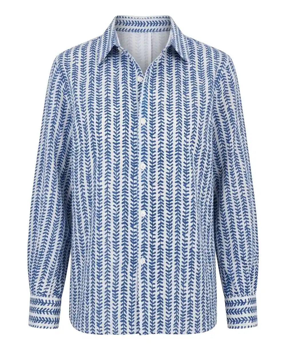 Camicia cotone block print foglioline blu