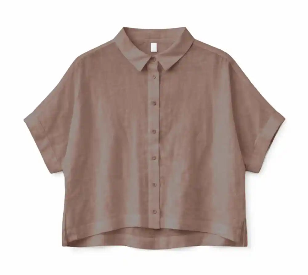 Camicia lino maniche corte nocciola frontale