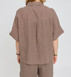 Camicia lino naturale nocciola maniche corte retro

