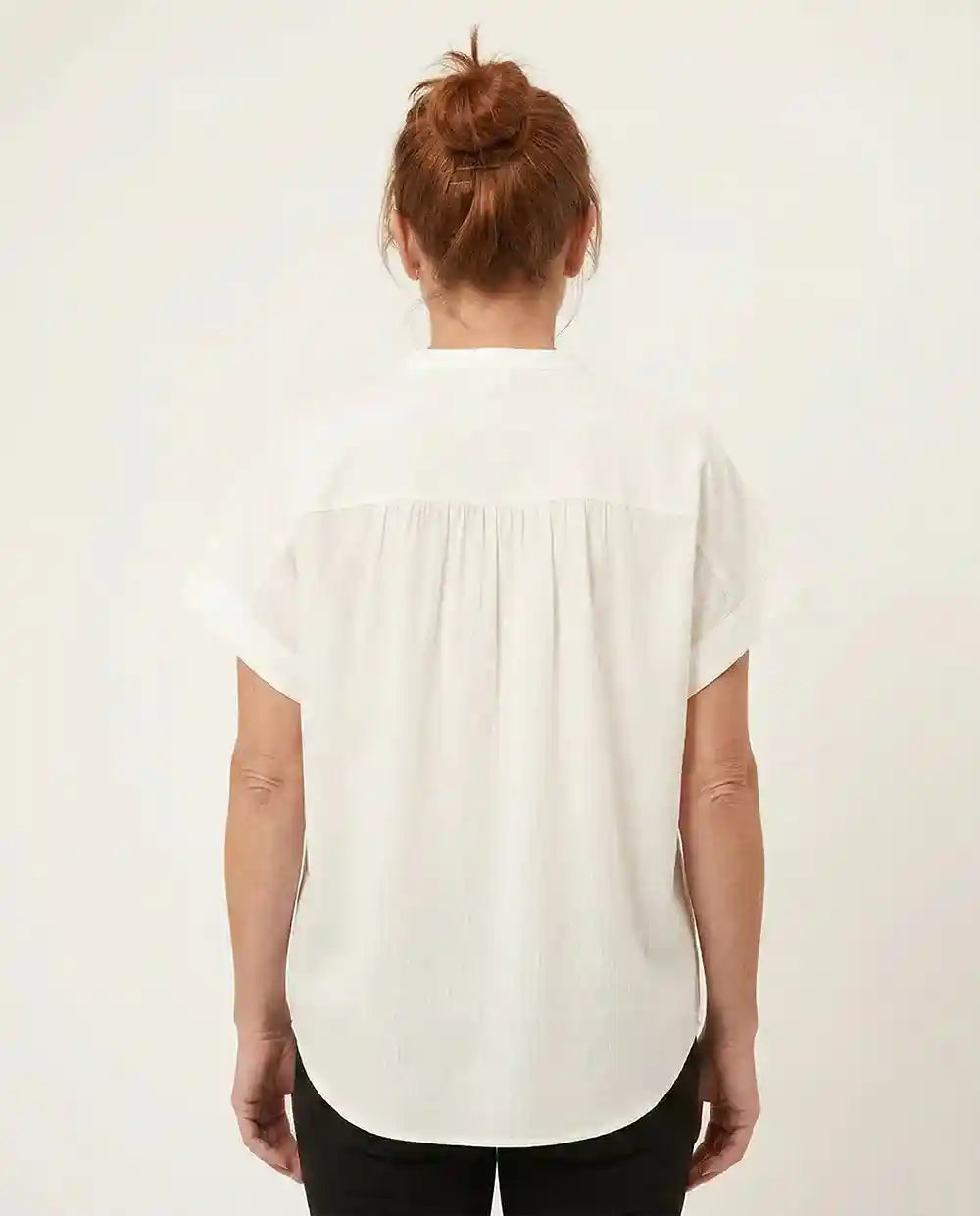 Camicia donna scollo coreano cotone biologico bianca retro