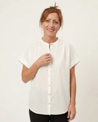 Camicia donna scollo coreano cotone biologico bianca manica scesa trasparente