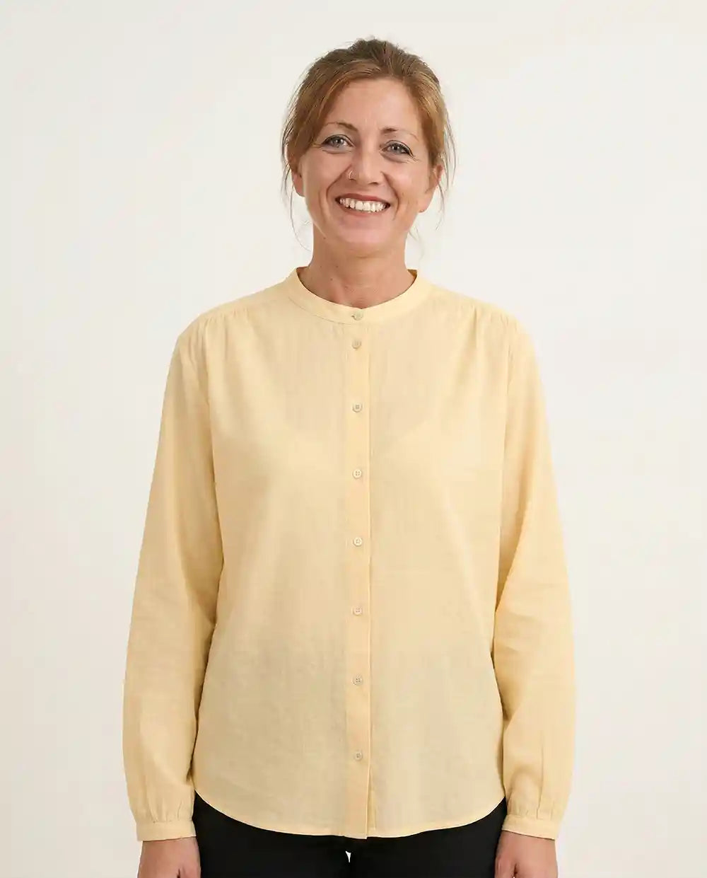 Camicia donna scollo coreano cotone biologico giallo paglierino sottile