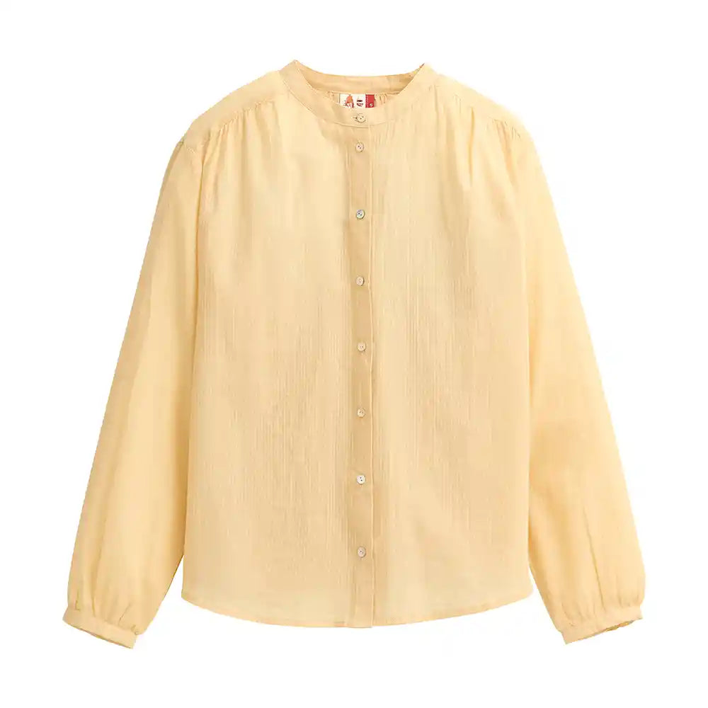 Camicia scollo coreano cotone bio giallo paglierino abbottonatura frontale