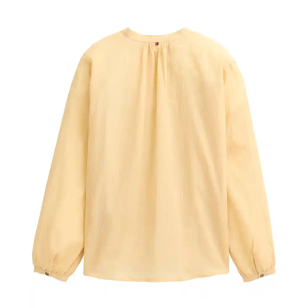 Camicia cotone biologico giallo paglierino scollo coreano vista posteriore