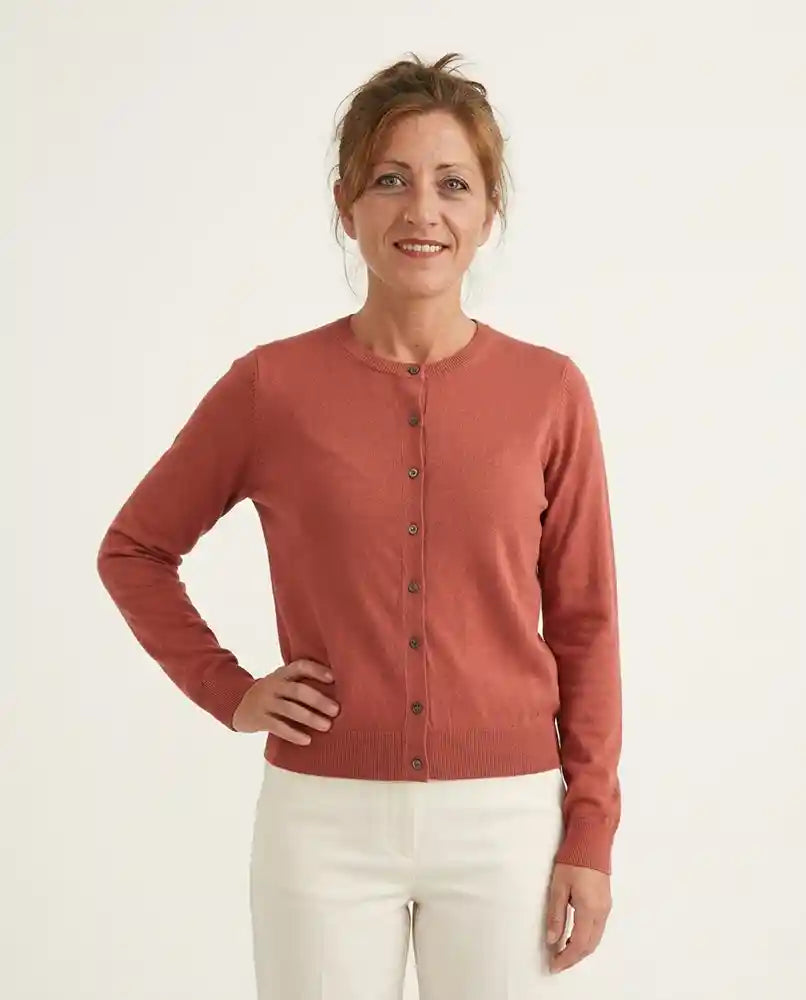 Cardigan corto donna cotone biologico terracotta girocollo bottoni