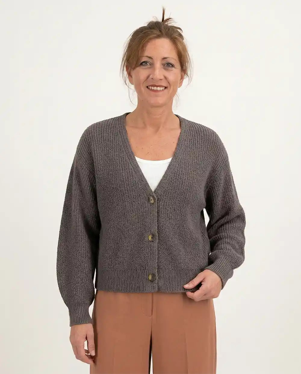 Cardigan donna cotone biologico scollo V tre bottoni maniche lunghe