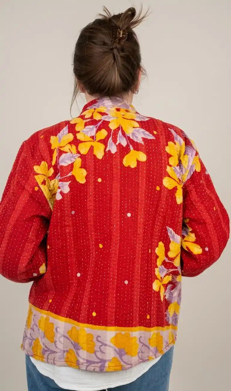 Giacca a Kimono cuciture Kantha Rossa