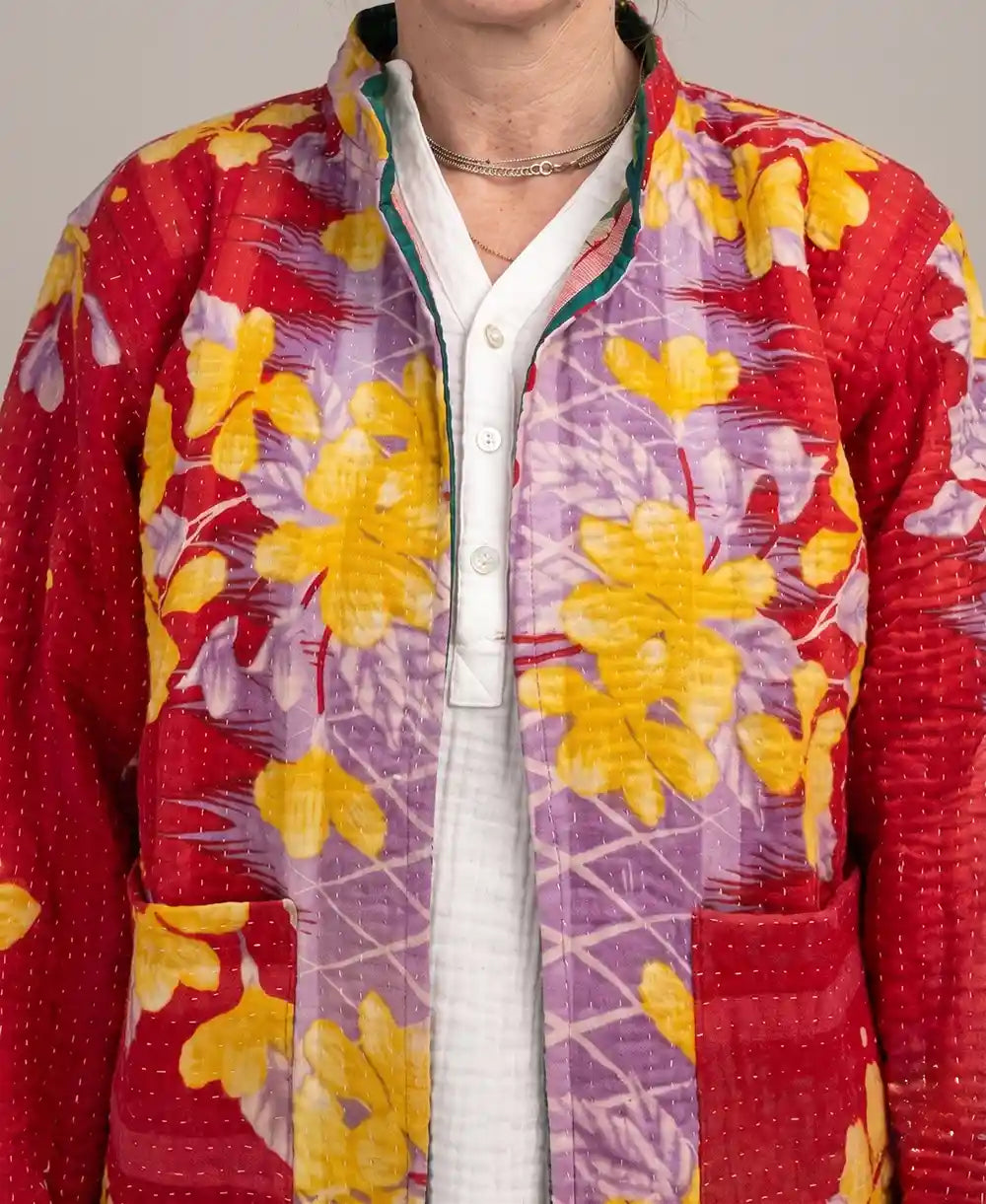 Giacca a Kimono cuciture Kantha Rossa