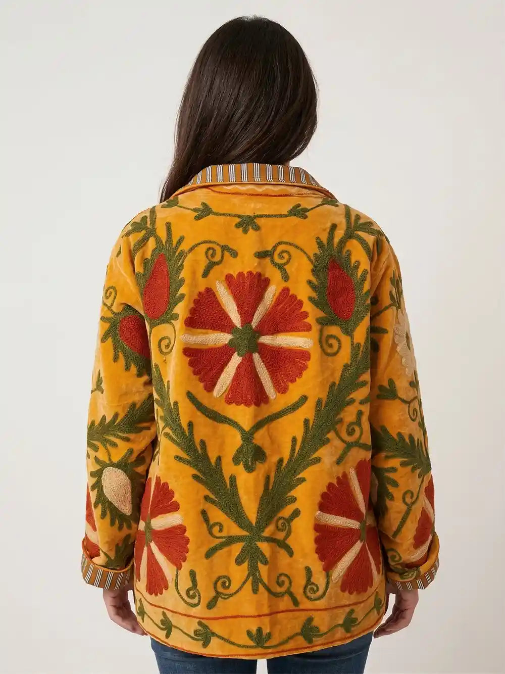 retro giacca ricamata velluto giallo fiori ricamati 