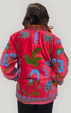 Giacca Donna in Velluto Rosso Corallo con Ricami Floreali