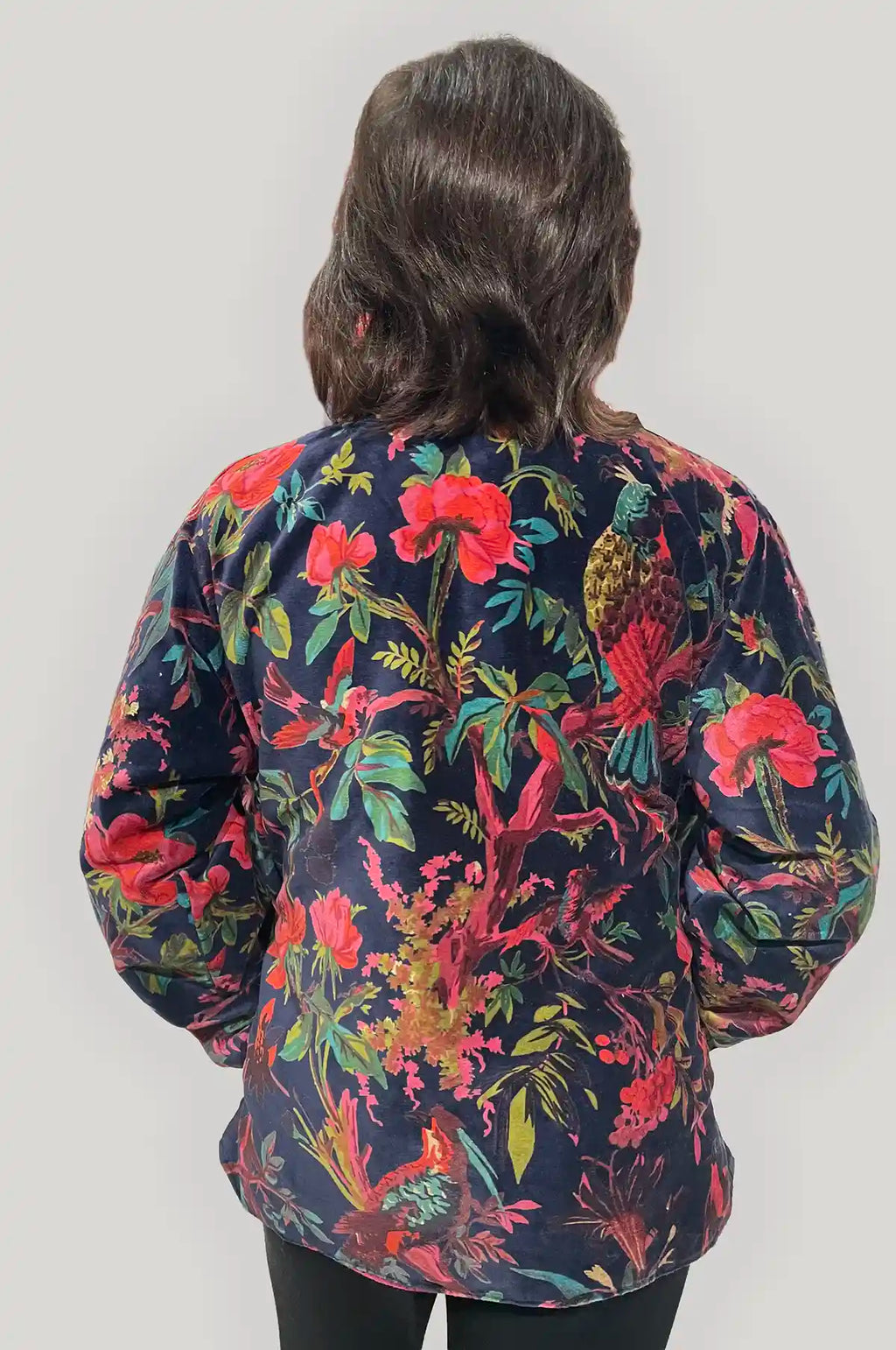 Giacca Donna in Velluto Stampato Blu Notte a Fantasia Tropicale