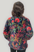 Giacca Donna in Velluto Stampato Blu Notte a Fantasia Tropicale