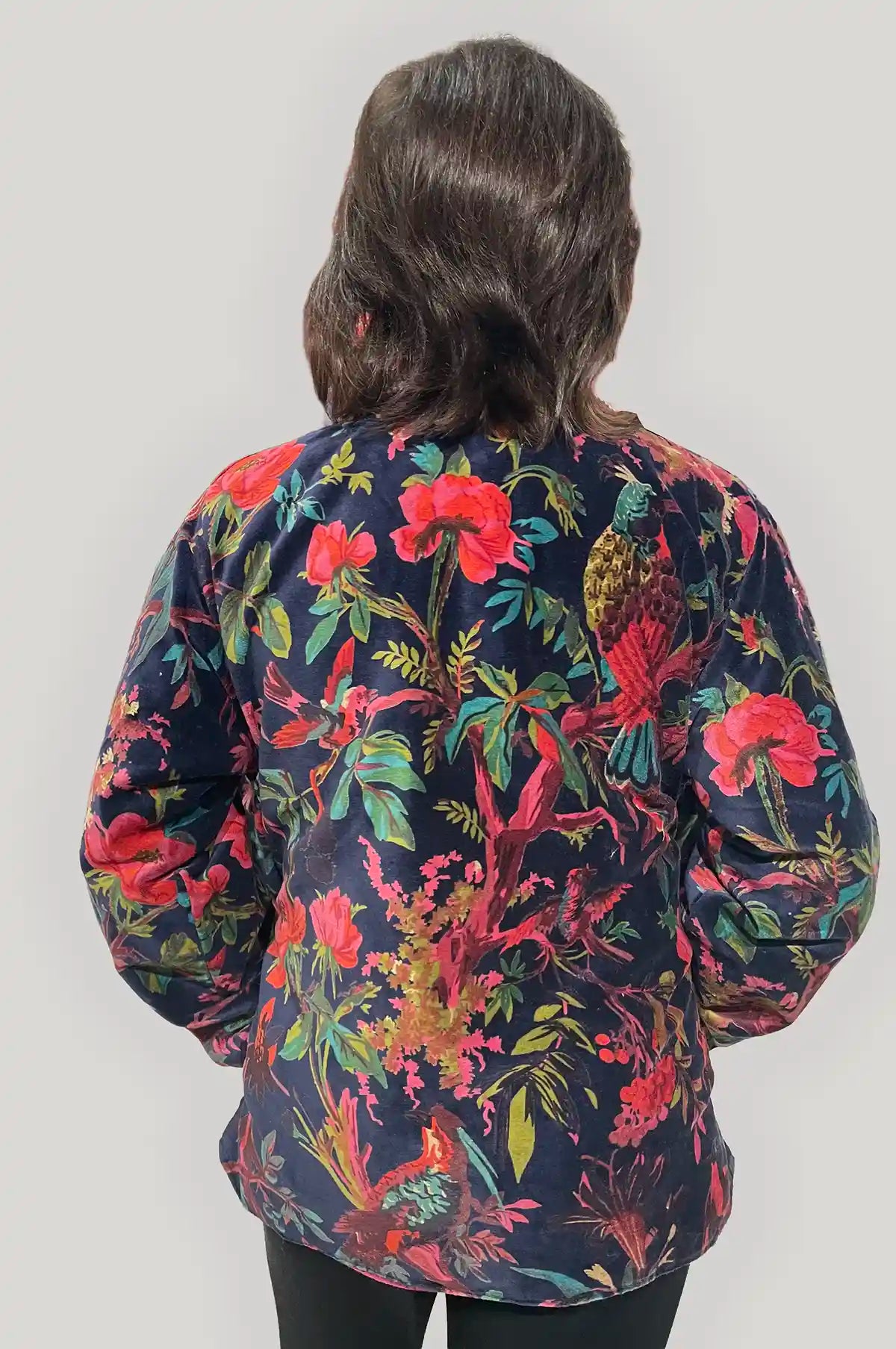 Giacca Donna in Velluto Stampato Blu Notte a Fantasia Tropicale