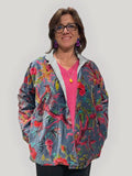 Giacca donna in velluto stampato grigio azzurrato con fiori tropicali rosa