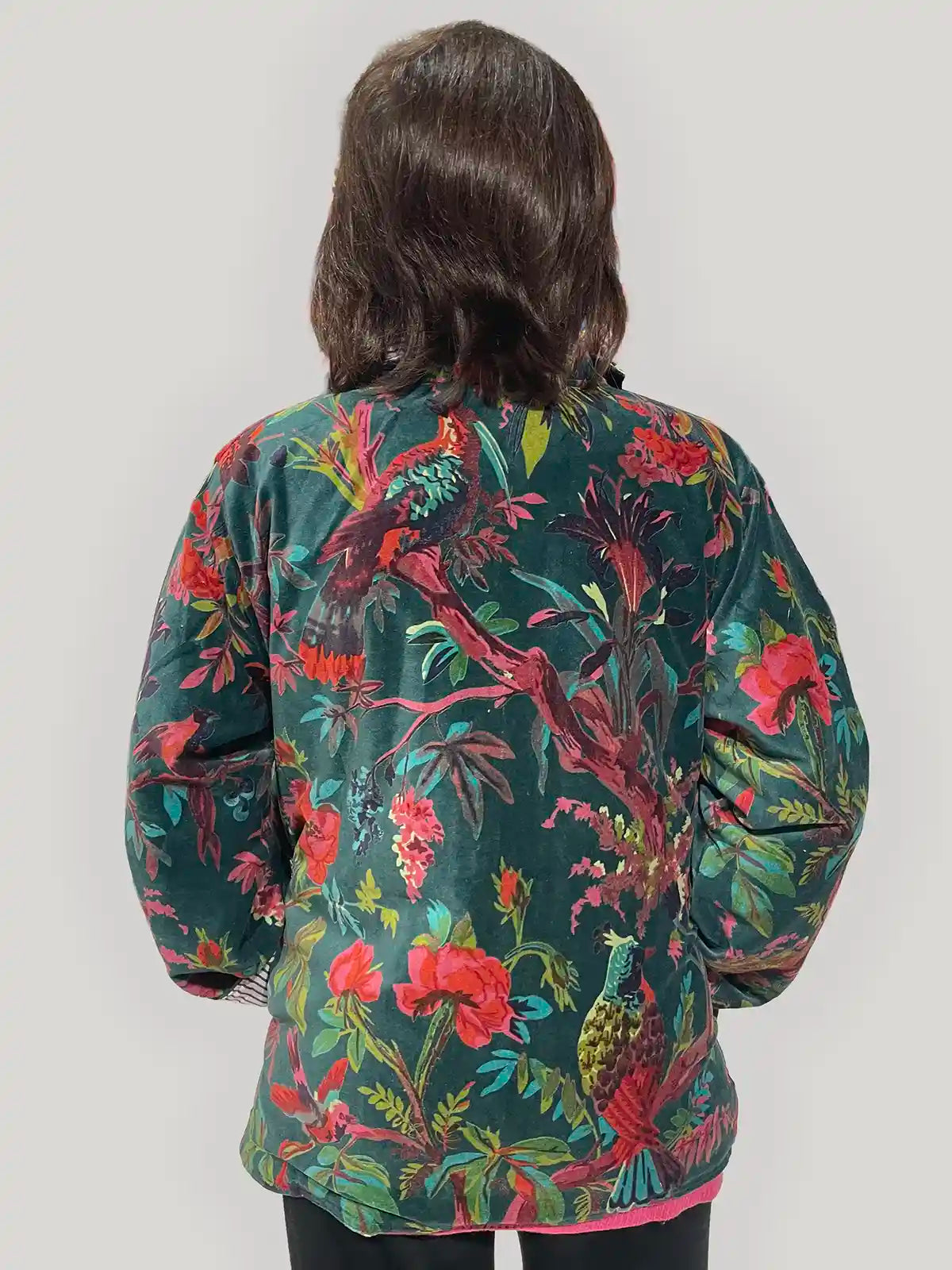 Giacca Donna in Velluto Stampato Verde Scuro a Fantasia Tropicale
