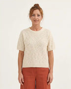 Maglia donna cotone biologico panna mezza manica lavorazione traforata coste