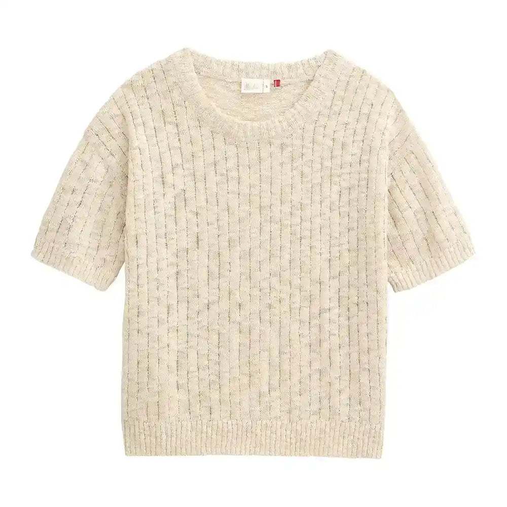 Maglia cotone bio panna mezza manica traforata girocollo frontale