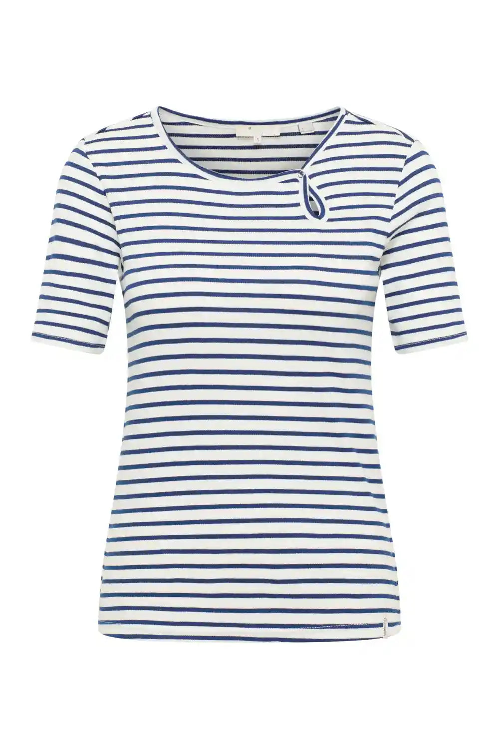 Maglia jersey Tencel righe navy scollo femminile maniche corte frontale
