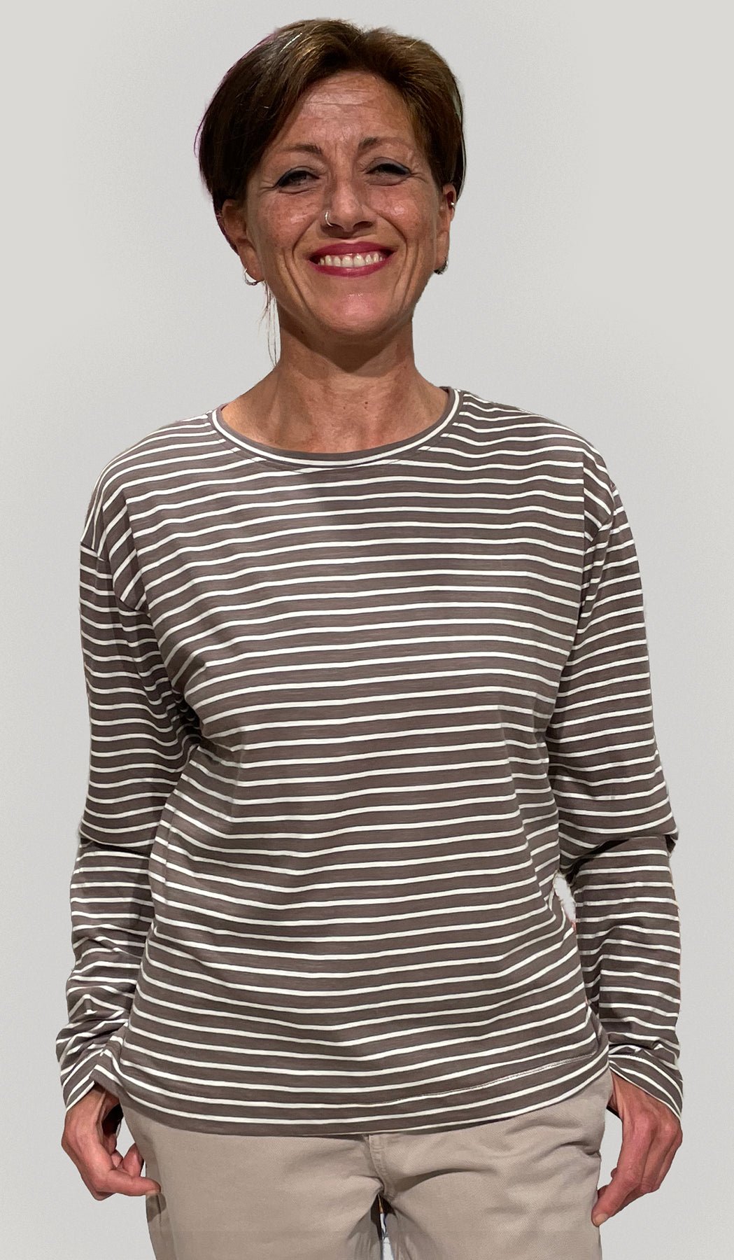 Maglietta Donna a Righe in Cotone Biologico GOTS – Tortora