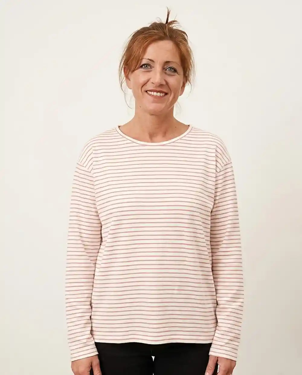 Maglietta donna cotone biologico maniche lunghe righe rosa antico spacchetti