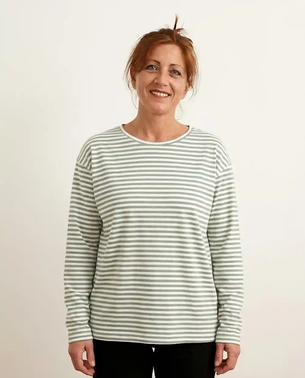 Maglietta donna cotone biologico maniche lunghe righe verde salvia spacchetti