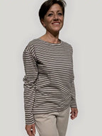 Maglia donna a righe tortora in cotone biologico GOTS a maniche lunghe