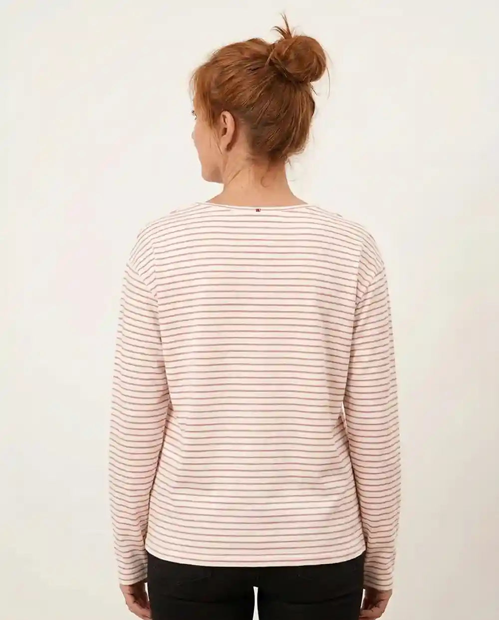 Maglietta donna cotone biologico maniche lunghe righe rosa antico