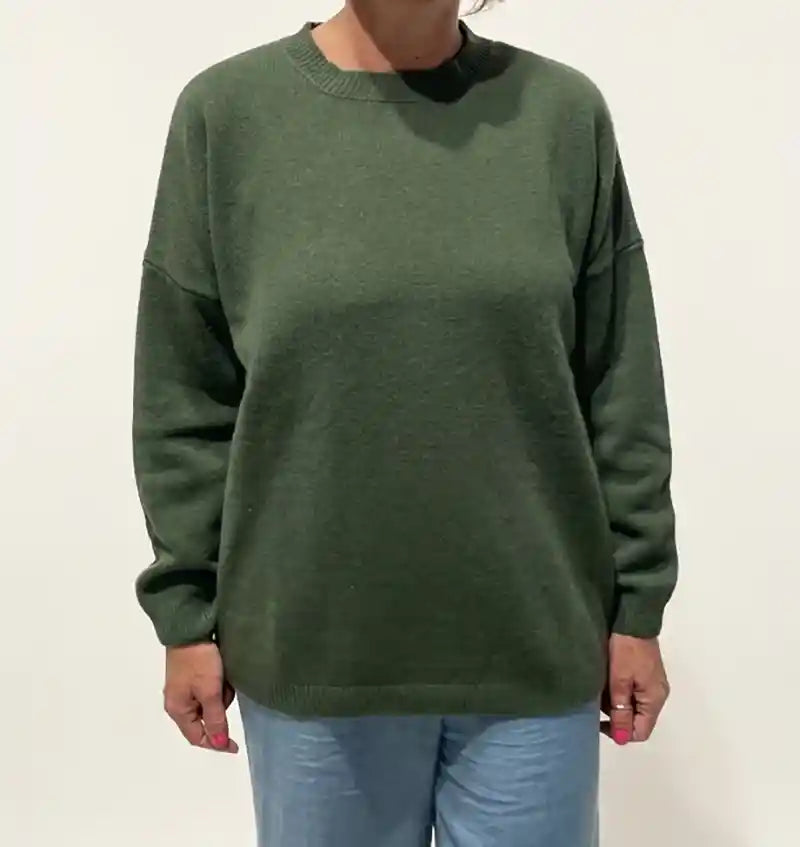 Maglione Oversize Girocollo in Cashmere Rigenerato - Verde Scuro
