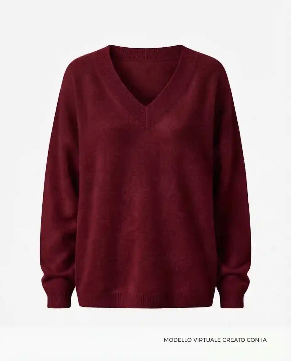 Maglione Oversize Scollo a V in Cashmere Rigenerato - Bordeaux