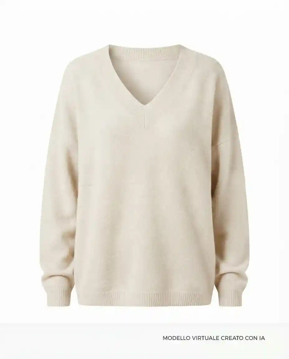 Maglione cashmere rigenerato panna scollo a V oversize