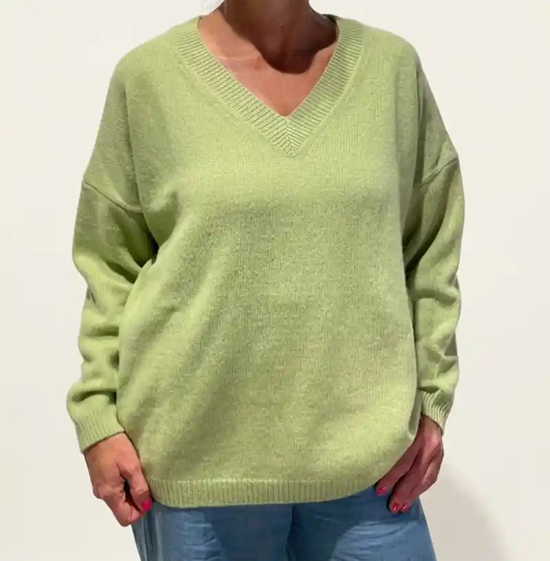 Maglione Oversize Scollo a V in Cashmere Rigenerato - Verde Acido